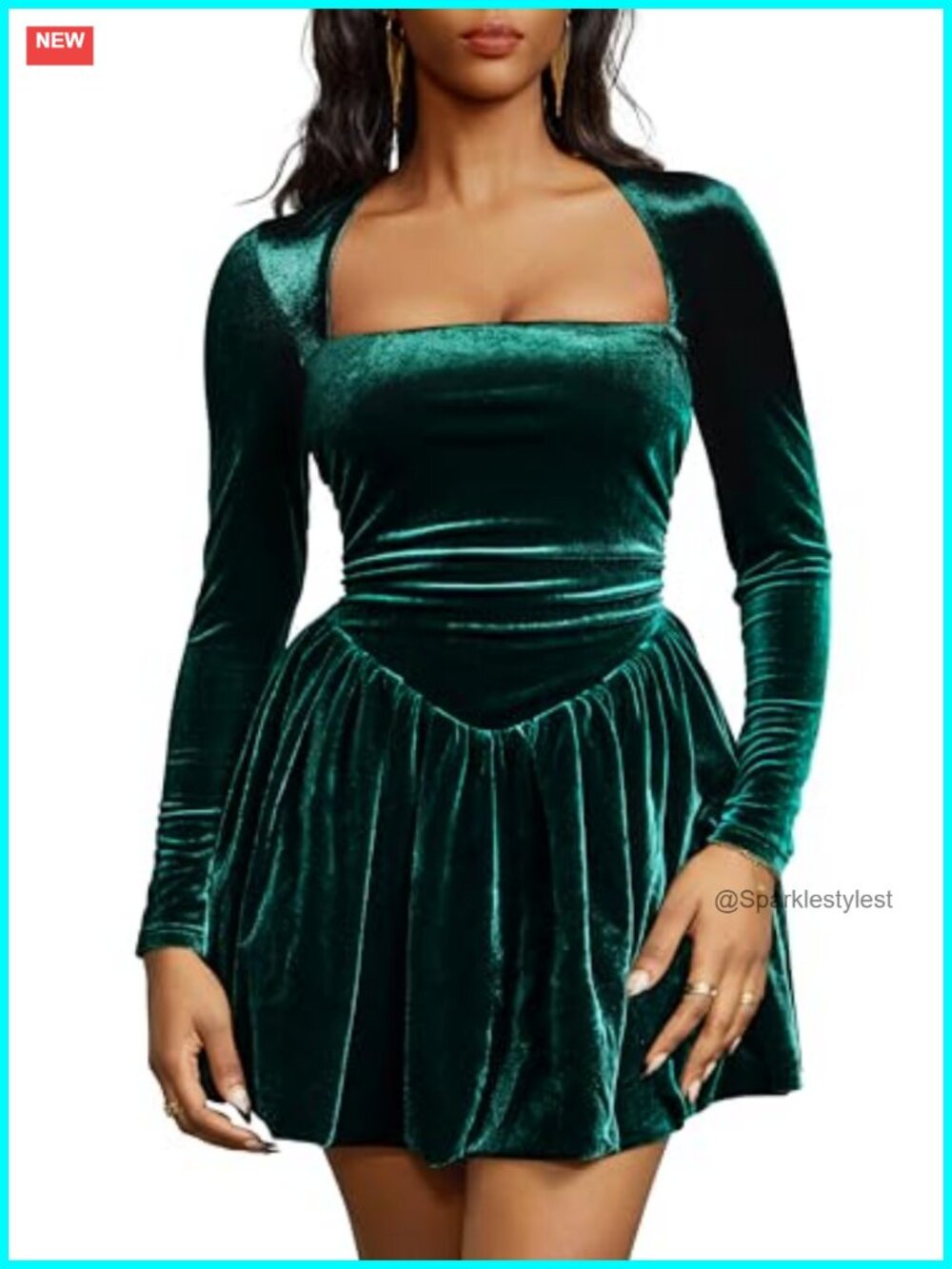 Velvet Bubble Mini Dress Square Neck Long Sleeve Ruched Waist Fit Flare